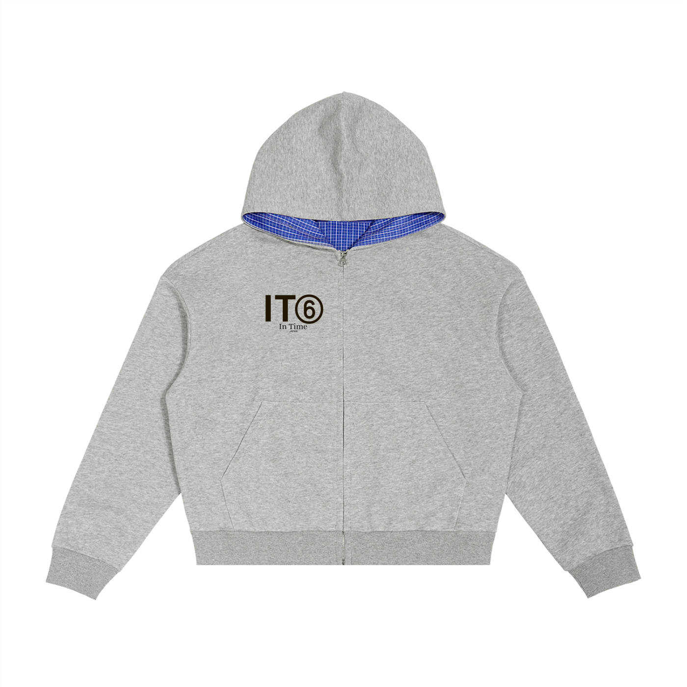 Contrast Plaid Boxy Zip Hoodie